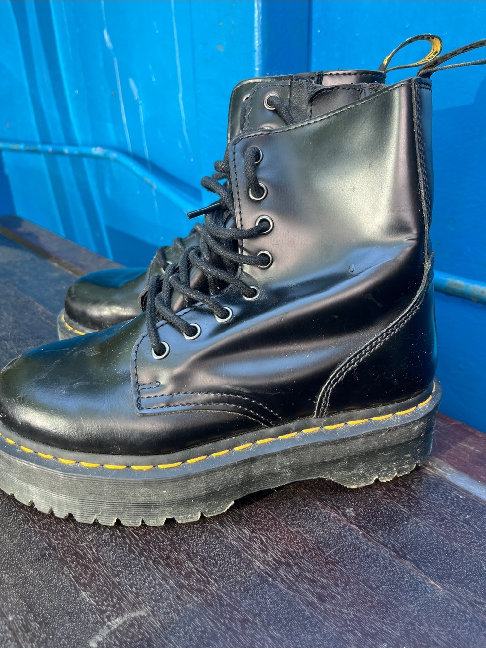 Dr. Martens Black Leather Lace-Up Combat Boots with Yellow Stitching